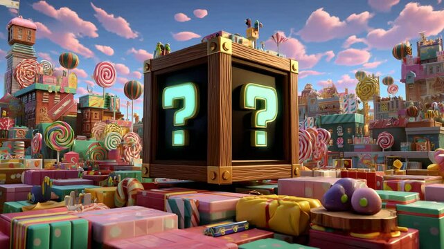 Green digital mystery cube on raised platform in pastel town environment with soft ambient lights Video 4K UHD 60fps