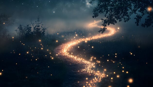 A glowing path winds through a mystical forest at night.