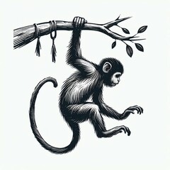 Monkey Hanging from Branch Engraved Illustration