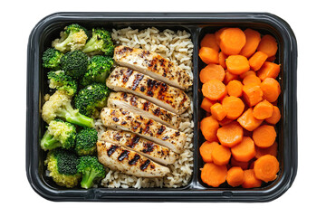 Perfectly portioned chicken breast, fluffy brown rice, and colorful vegetables (broccoli, carrots) neatly arranged in a black plastic rectangular parcel box isolated on transparent background