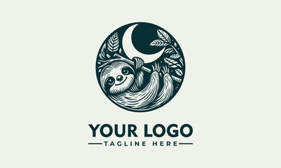 Charming Line Art Illustration of a Smiling Sloth Hanging from a Branch within a Circular Frame. Animal Illustration Concept.