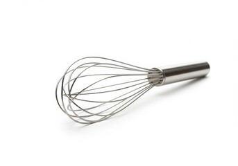 Close up shot of a metal whisk with a silver handle on a white background