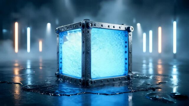 Bright red rotating mystery cube in clean glass chamber with high-contrast lighting and ambient reflections Video 4K UHD 60fps