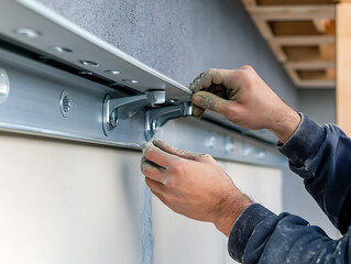 Worker Installing Metal Bracket on Wall