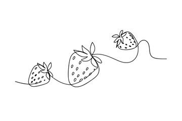 Minimalist continuous line art drawing of three fresh strawberries on white background