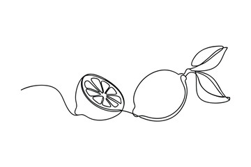 Elegant single line art illustration of fresh lemons whole and sliced with leaves