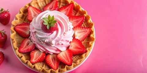 Fototapeta premium A waffle bowl filled with a mountain of whipped cream and sliced strawberries, ready for a delicious and refreshing treat.