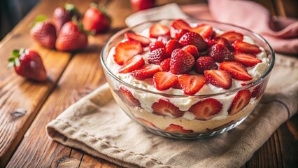 A classic dessert of creamy layers and fresh strawberries, topped with a generous amount of sliced fruit, presented in a glass bowl on a wooden surface.