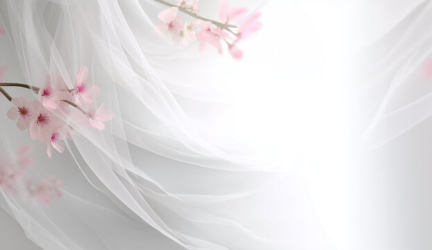 Elegant wedding background with soft white sheer drapery and delicate pink cherry blossoms on grey gradient for bridal invitations, romantic ceremonies, or feminine product mockups