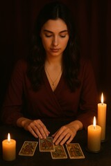 This AI-generated image features a young woman with wavy brown hair, sitting in a dimly lit room and laying out tarot cards on a dark table. 