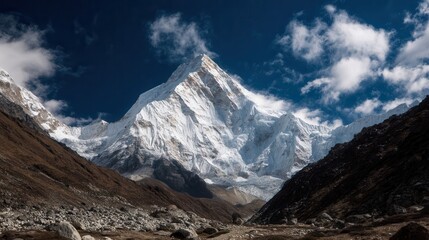 Obraz premium Majestic snow-capped mountain peak towering above valley terrain.