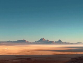 Vast desert landscape with distant mountains under a clear blue sky panoramic view of arid terrain