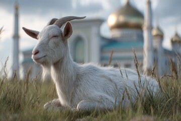 Fototapeta premium Peaceful white goat resting in grassy field near a majestic building.