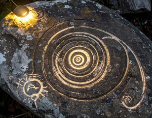 Naklejka premium Carvings on a weathered stone glow warmly, marking the summer solstice celebration under dusk skies.