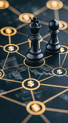 Chess pieces positioned on a network grid, symbolizing finance and strategy