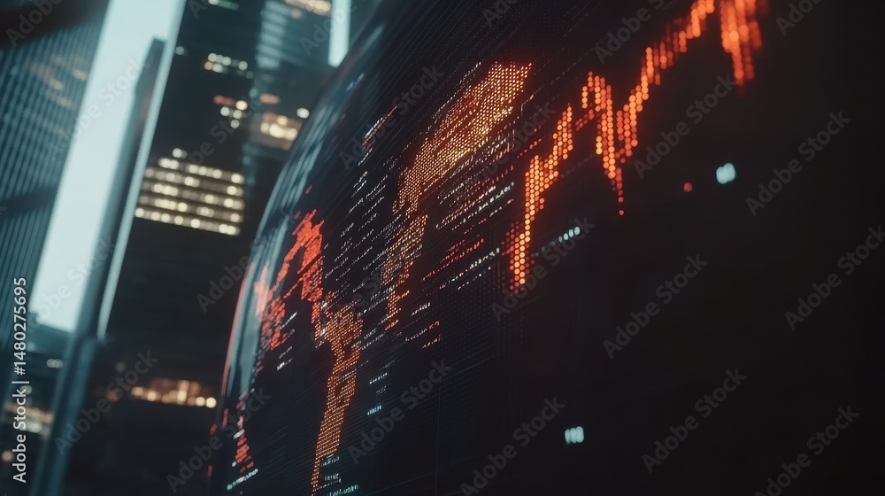 Poster digital world map display with financial data and trends visualization