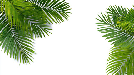 Lush green palm leaves create vibrant tropical frame against clean white background, evoking sense of freshness and nature