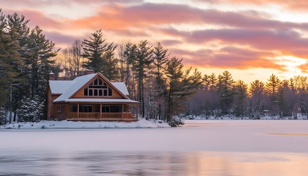 Peaceful winter cabin on a frozen lake at sunrise.