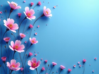 Beautiful blue background with a large group of pink flowers in the foreground abstract background and texture