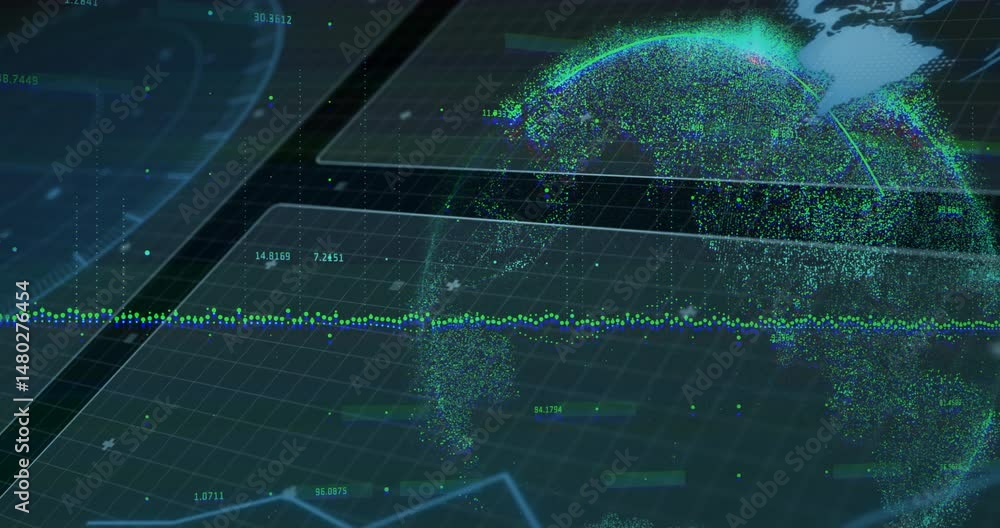 Poster 3d data globe hovering over translucent grid planes, showcasing multicolored clusters and waveform