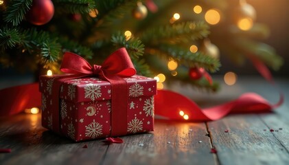 A beautifully wrapped Christmas gift sits under a decorated tree , celebration, ribbon