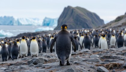 Obraz premium A group of penguins on a rocky shore in a cold environment.