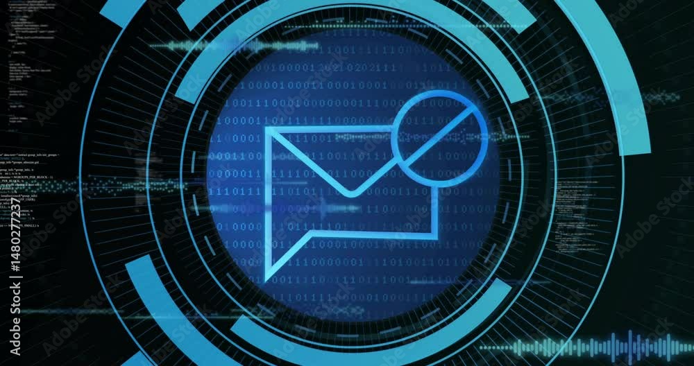 Poster bright blue envelope icon being scanned by magnifying glass in dashboard, with binary code streams