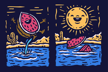 Colorful Watermelon Character Jumping in Water Under Smiling Sun
