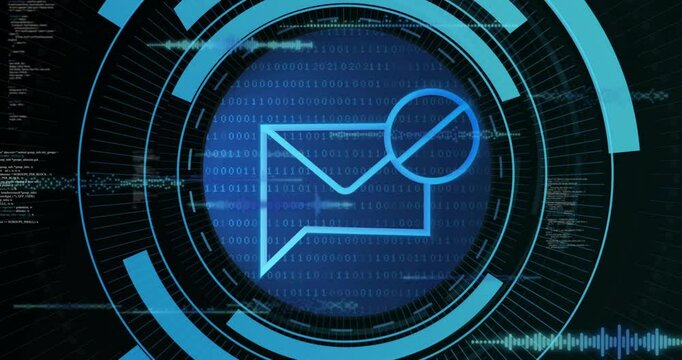Bright blue envelope icon being scanned by magnifying glass in dashboard, with binary code streams