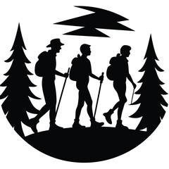 Three Hikers Silhouette in Mountain Landscape Nature Adventure Illustration