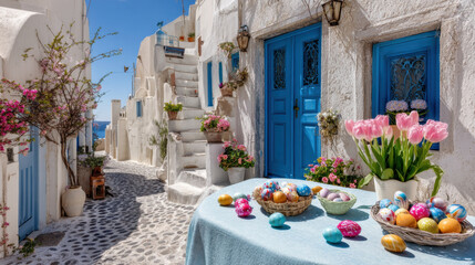 Obraz premium picturesque street scene featuring vibrant blue doors, blooming flowers, and colorful Easter eggs arranged table