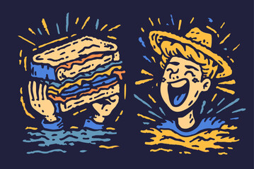 Obraz premium Colorful Vintage Style Illustration of a Sandwich and Cheerful Person