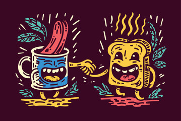 Fun Cartoon Characters of Coffee and Toast Shaking Hands with Joy
