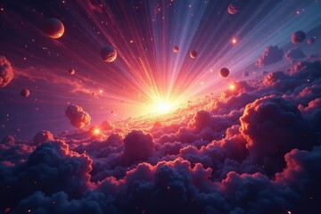 Celestial bodies collide, vibrant astral explosion , gas, energy, spectacular