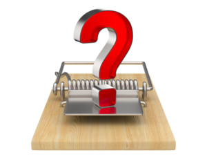 mousetrap and question on white background. Isolated 3D illustration