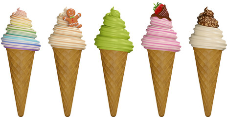isolated cone ice cream in different flavors