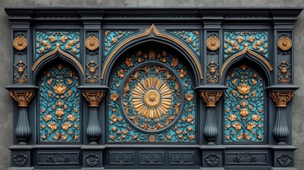Intricate teal and gold ornate wall panel with arched design and floral motifs.