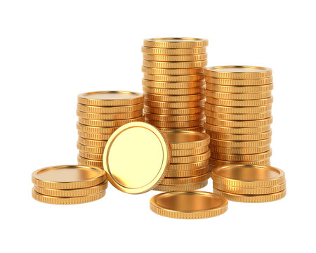 Golden coins on white background. Isolated 3D illustration