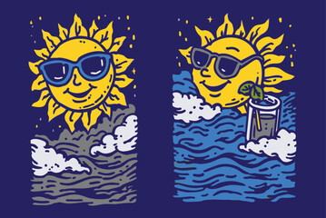 Obraz premium Cheerful Sun Illustration with Sunglasses and Cool Beverage Design