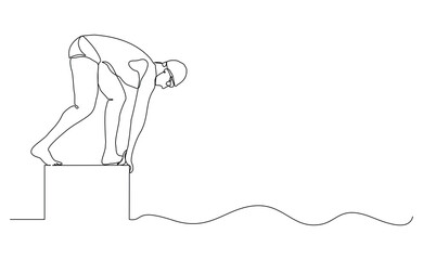 Continuous single line drawing of swimming athlete man jumping to start swim competition. Vector illustration editable sketch of healthy sport lifestyle
