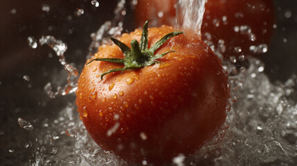 Extreme close up shot of a tomato being washed under a sink, the water is running over top of it, product photography, commercial.