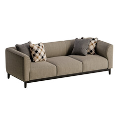 A couch with a black frame and a white pillow