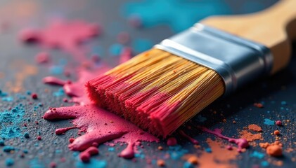 Obraz premium Close-up of worn paintbrush bristles, vibrant colors, paint, equipment