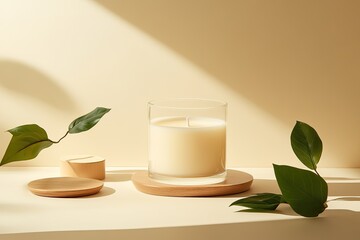 Scented candle in glass jar on wooden coaster,  illuminated by soft sunlight, adorned with green leaves