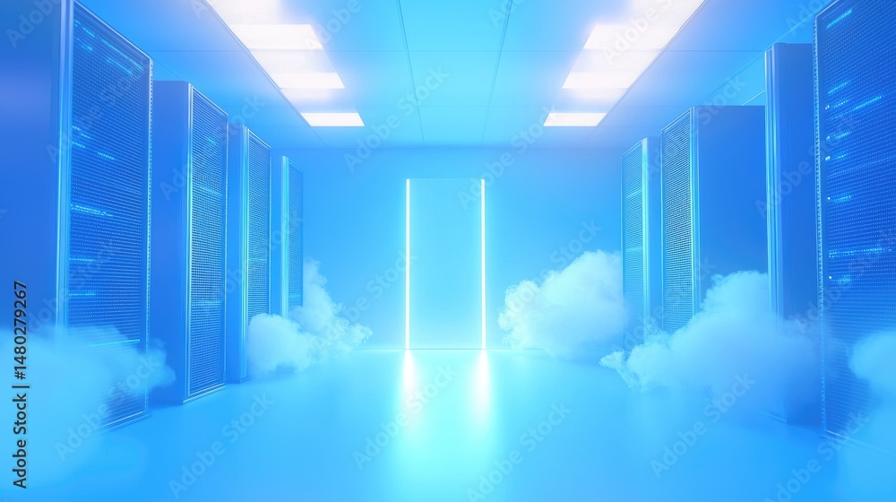 Aufkleber bright futuristic server room filled with blue tones and digital connectivity, ideal for cloud solut