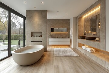 Modern bathroom with a luxurious design and a view.