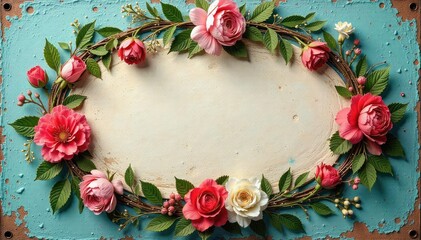 Delicate floral wreath surrounding painted message on aged metal sign, beauty, display