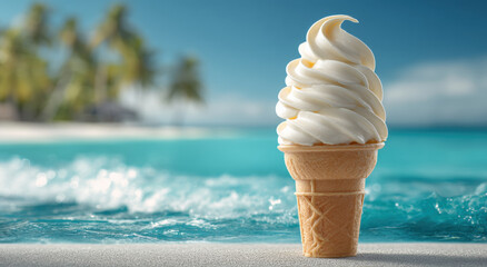 Delicious ice cream cone with creamy swirl, set against tropical beach backdrop, evokes summer joy and relaxation