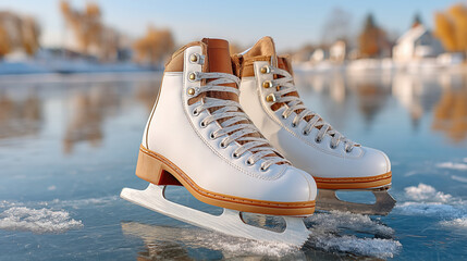 Ice skates gleam on icy surface with serene blurred winter backdrop