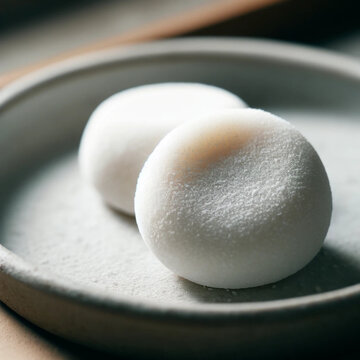 やわらかな粉雪のような質感の和風もちを陶器の皿に並べた伝統的な和菓子のクローズアップ
